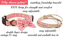 Dog collar with bow tie & matching friendship bracelet, pet-friendly hemp, strong D-ring